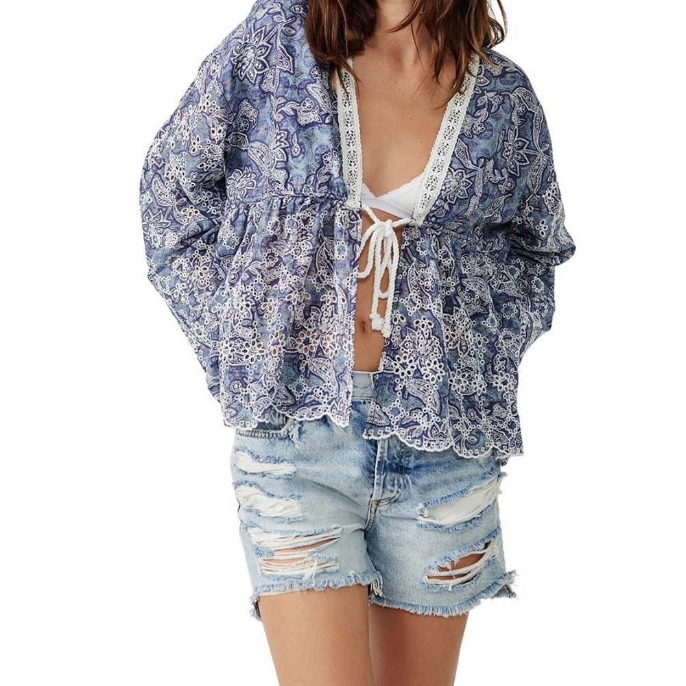 Free People NWT Anissa Beach Cover Up/Cardigan Size Large In Blue Combo